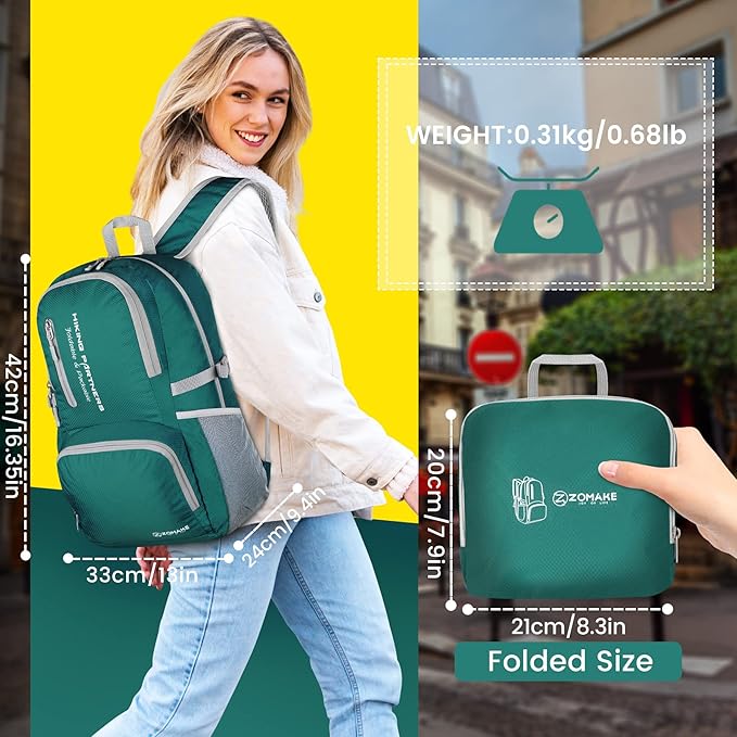 ZOMAKE Lightweight Packable Backpack, 35L Light Foldable Hiking Backpacks Water Resistant Collapsible Daypack for Travel(Dark Green)