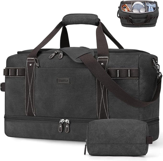 ZOMFELT Travel Duffle Bag for Men, 55L Waterproof Canvas Overnight Duffel Bag with Removable Dividers & Shoe Compartment, Carry On Weekender Gym bag, Multi-Pocket & Vintage Design (Washed Black)
