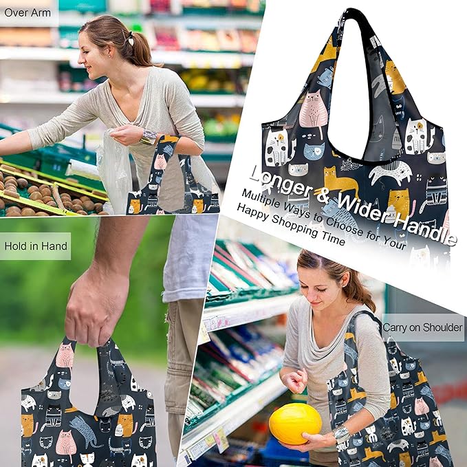 BeeGreen 6 Pack Cats Reusable Grocery Bags Gifts for Cat Lovers with Elastic Band Reusable Shopping Bags Bulk 50LBS X-Large Foldable-Machine Washable-Heavy Duty