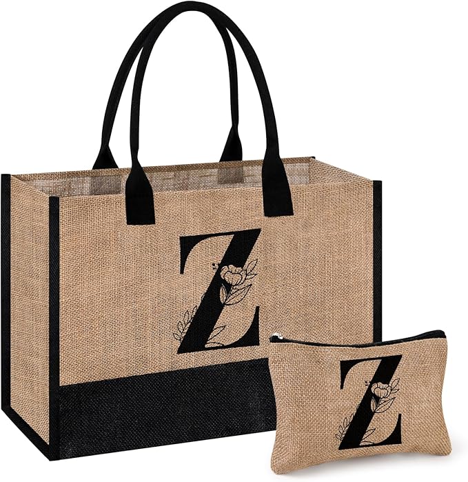 AYGE Personalized Initial Jute Tote Bag & Makeup Bag, Beach Bag, Monogrammed Birthday Gifts for Women Sister Mom Bridesmaid