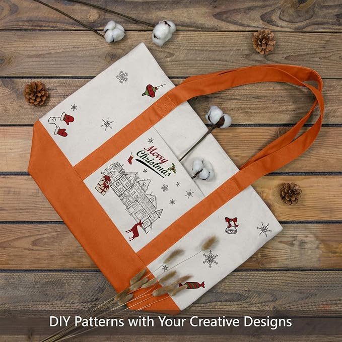 TOPDesign 1-Pack Canvas Tote Bag with an External Pocket, Reusable Grocery Shopping Bag, Top Zipper Closure, Daily Essentials (Orange/Natural)