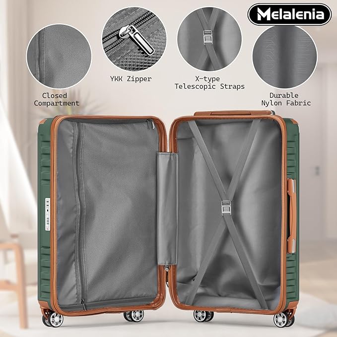 Melalenia Luggage Sets 7 Piece Hard Shell Carry on Suitcase with Spinner Wheels and TSA Lock, Lightweight Travel Duffel Bag for Women, Men, Green Brown