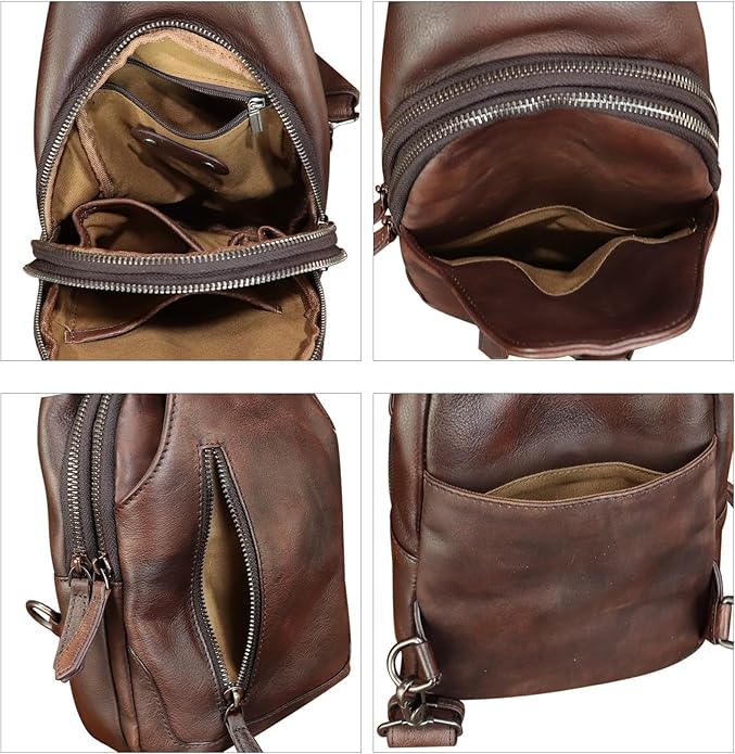 Genuine Leather Sling Bag for Women and Men Vintage Handmade Leather Sling Backpack Fashion Crossbody Bag Chest Purse