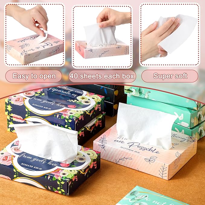 Yinder 24 Packs 960 Sheets Tissue Cube Car Facial Boxes Disposable Facial Travel Tissues Holder Soft Watercolor Boxes 2 Ply 40 Sheets for Wedding Household Car Kitchen Bathroom(Religious)