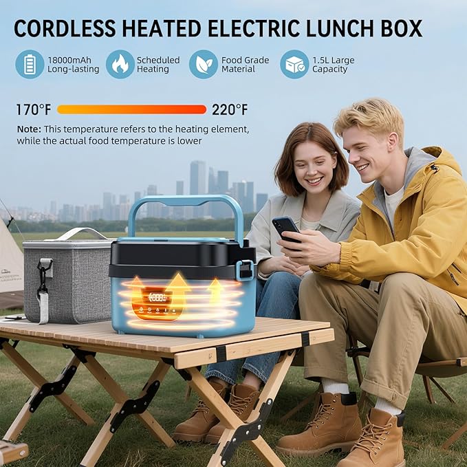 Cordless Electric Lunch Box for Adults, Rechargeable Portable Self-Heating Lunch Box Food Warmer, 1.5L Container for Outdoor, Work, Office, Camping, Travel(Blue＆Black)