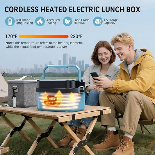 Cordless Electric Lunch Box for Adults, Rechargeable Portable Self-Heating Lunch Box Food Warmer, 1.5L Container for Outdoor, Work, Office, Camping, Travel(Blue＆Black)