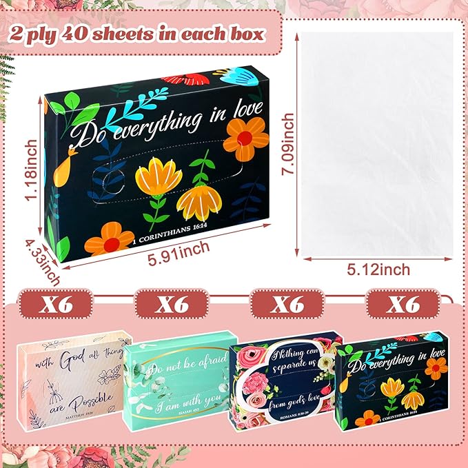 Yinder 24 Packs 960 Sheets Tissue Cube Car Facial Boxes Disposable Facial Travel Tissues Holder Soft Watercolor Boxes 2 Ply 40 Sheets for Wedding Household Car Kitchen Bathroom(Religious)