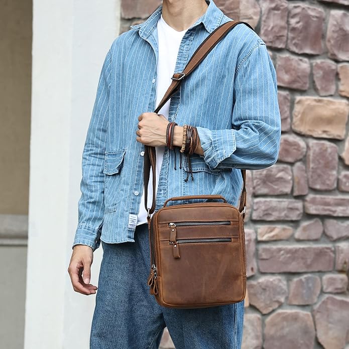 Genuine Leather Small Messenger Bag for Men Vintage Shoulder Crossbody Bags for Work Business Travel