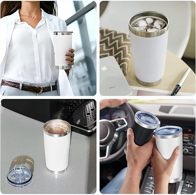 OMTech 20oz Tumblers Bulk, 12pc Stainless Steel Tumbler Set with Lid & Straw, Double Wall Vacuum Insulated Mug for Laser Engraver, Travel Coffee Mug for Hot & Cold Drinks, White Powder Coated Cup