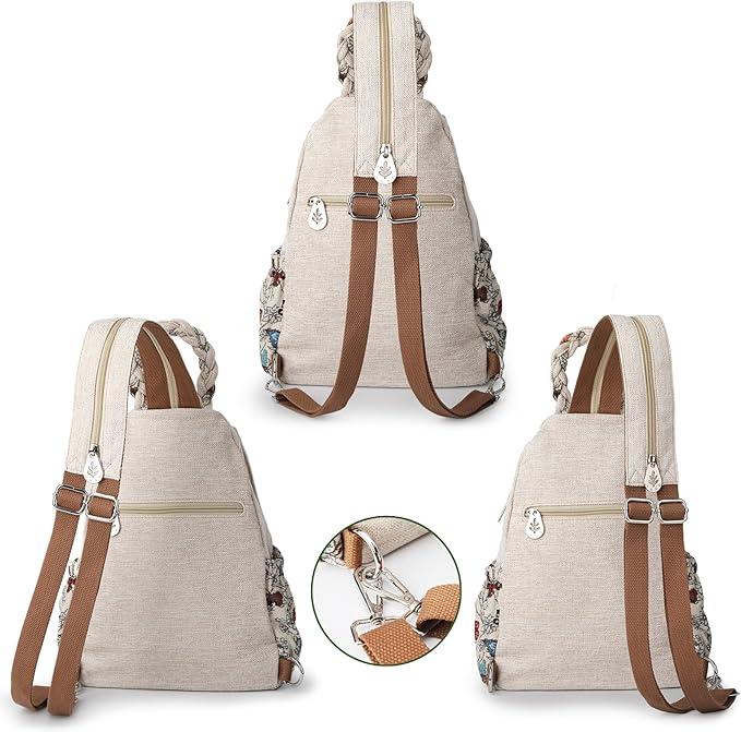 Ladys Convertible Sling Bag, Hand Craft Artisan Purse, Girls Beautiful Canvas Premium Casual Day Mini Backpack for Women (Flower Bee)