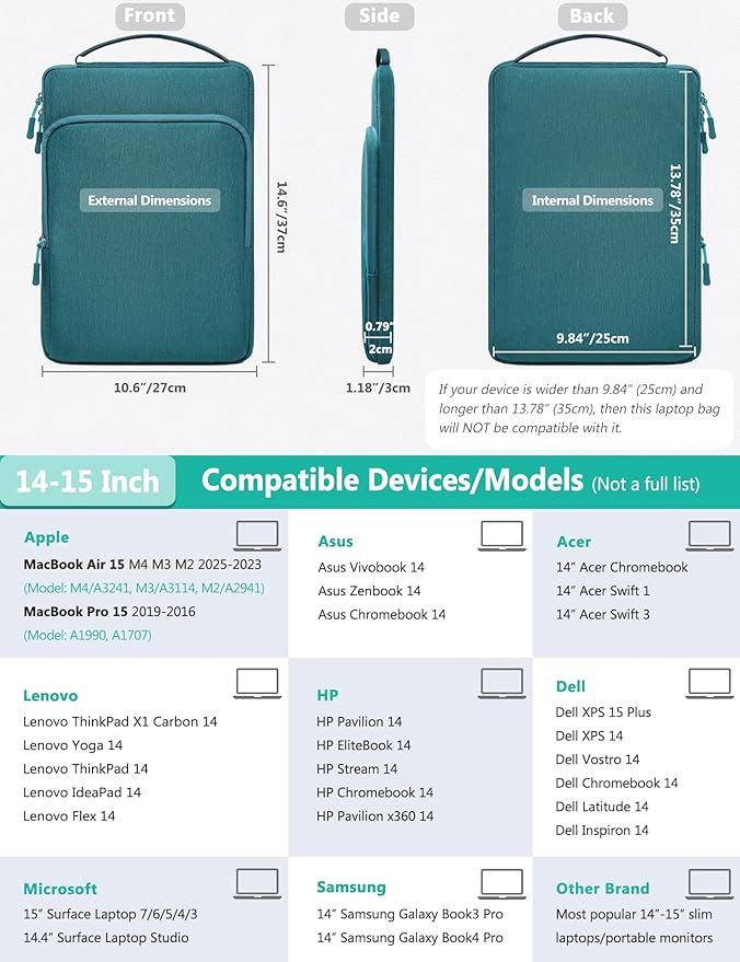 HYZUO 14-15 Inch Laptop Bag Sleeve for MacBook Air 15 M4 M3 M2, MacBook Pro 15, XPS 14/15 Plus, 15" Surface Laptop, Notebook Case for 14" Dell HP Lenovo ThinkPad Asus Acer Huawei, Dark Green