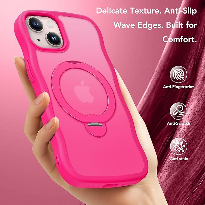 for iPhone 13 Case & iPhone 14 Case for Women,[Compatible with Magsafe][360° Spin Magnetic Stand][Cute Wave Edge][Military-Grade Protection] Translucent Matte Phone case for iPhone 13/14, Hot Pink