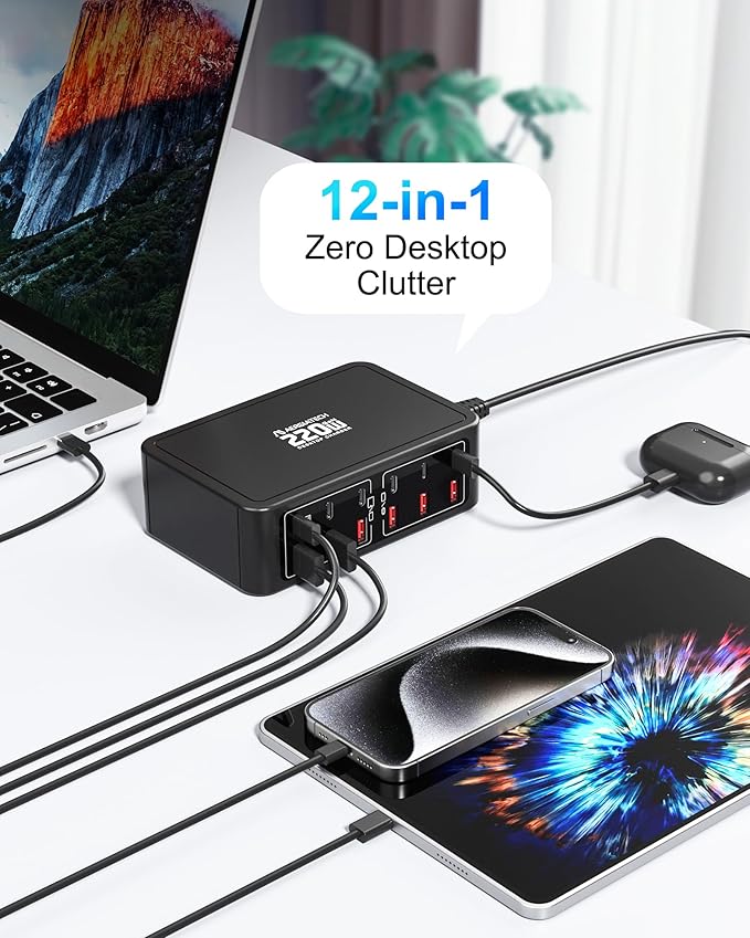220W USB C Charging Station, 12-Port GaN Charger Hub,65W Laptop Charger Adapter for MacBook Pro/Air iPad Pro iPhone Google Pixelbook ThinkPad Dell XPS Galaxy S23 Steam Deck -Black
