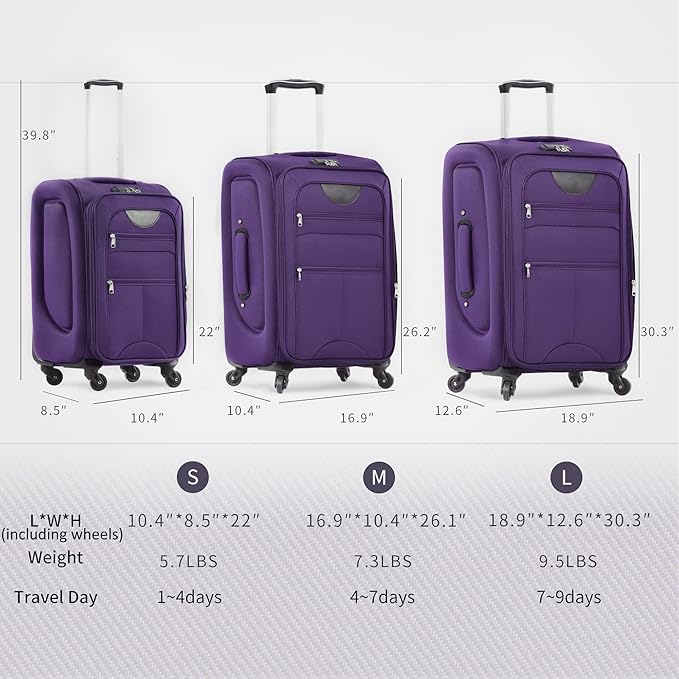 Merax Softside Luggage Set Softshell Lightweight 3 Piece Spinner Suitcase 22" 26" 30" Purple