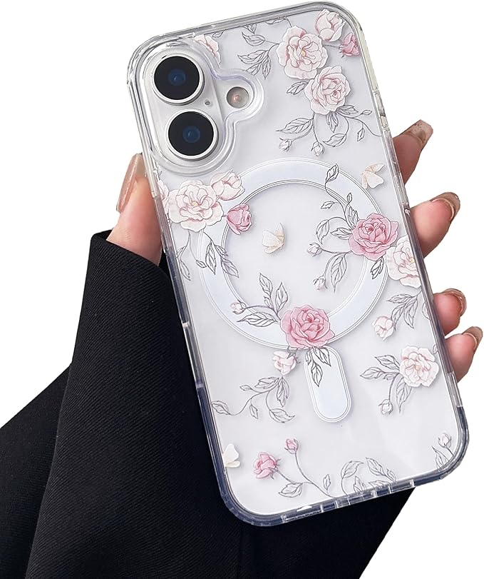 ZTOFERA for iPhone 16 Magnetic Case Compatible with Magsafe,Aesthetic Floral Pattern Design Cute for Girl Women,Anti-Drop Protective Hard Phone Cover for iPhone 16-Pink Rose