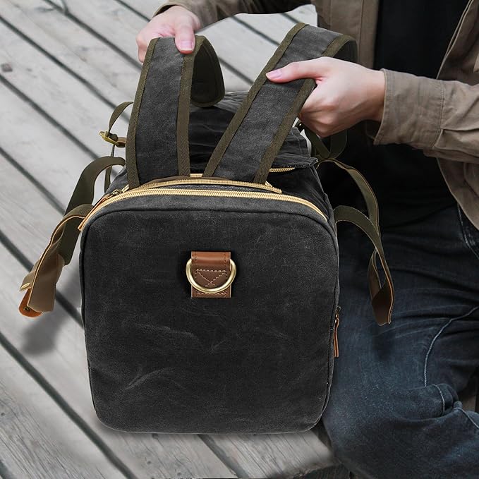 60L Duffle Bag for Men, Nomad Waxed Canvas Travel Duffel Bag Vintage Genuine Leather Travel Handbag Upgraded Weekender Overnight Backpack with Shoes Compartment (Vintage Black, X Large-60L)