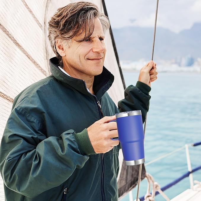 20 oz Stainless Steel Tumbler with Handle Bulk Metal Insulated Tumblers Travel Coffee Mug with Handle Double Wall Tumbler Cup with Lid and Straw, Blue 12 Pack