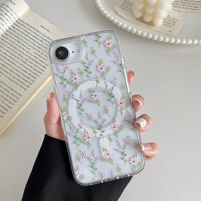 ZTOFERA for iPhone 16e Magnetic Case Compatible with Magsafe, Aesthetic Floral Pattern Design Cute for Girl Women,Anti-Drop Protective Hard Phone Cover for iPhone 16e-Pink Flower