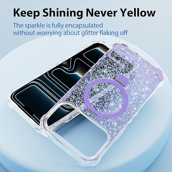 Magnetic for iPhone 17 Pro Case with Invisible Stand, Compatible with MagSafe, Clear Bling Sparkle Shockproof Slim Anti-Slip Military Drop Protection Hard Phone Case 6.3" Glitter Purple