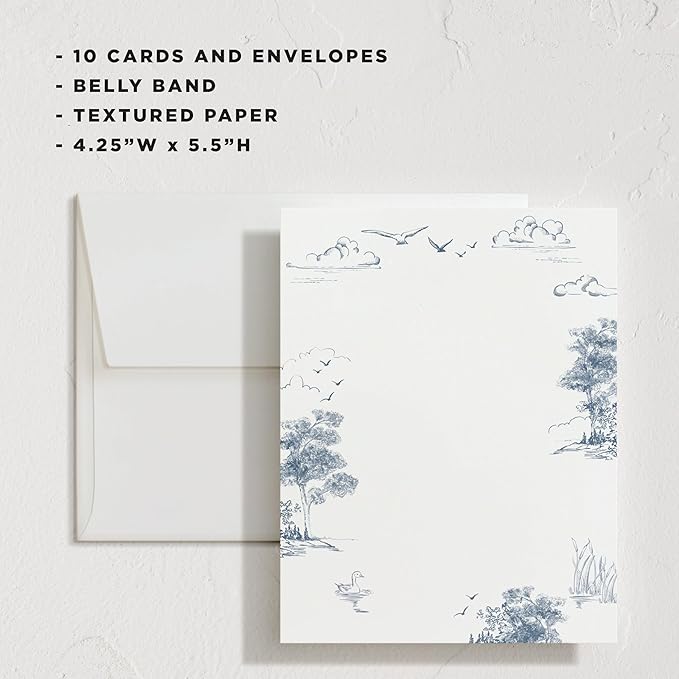 Minted Lake Side Toile Stationery Set, Set of 10 Flat Note Cards & Envelopes for Invitiations and Handwritten Thank You Messages, Toile Design, Lake & Forest Scene, Gifts for Women, Luxurious Paper