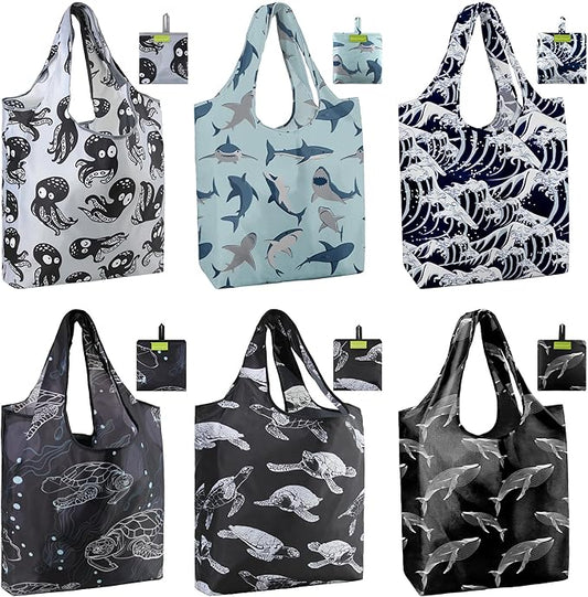 BeeGreen Reusable Grocery Bags for Groceries | Foldable Tote Bags with Handles Reusable Gift 6 Set - Heavy Duty Washable Polyester Travel and Shopping Basket - Bulk Bag for Women Animal Lovers