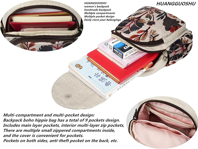 HUANGGUOSHU Boho Chic Knit Backpack - Handcrafted, Soft Fabric, Multi-pocket, Secure Zipper Pockets, Ideal Gift for Girls, Moms, and Students - Perfect Travel and School Bag-Bird Backpack