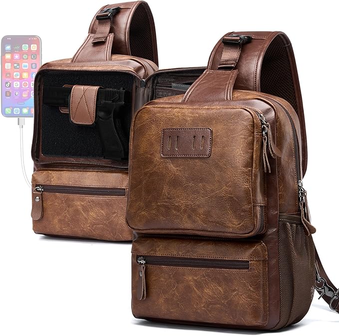 Sling Bag for Men Leather Crossbody Bag with Handgun Holder and USB Charging Port, Vintage Cross Body Pack, 7L Small Casual Daypacks for Travel, Commute, Cycling (Brown)