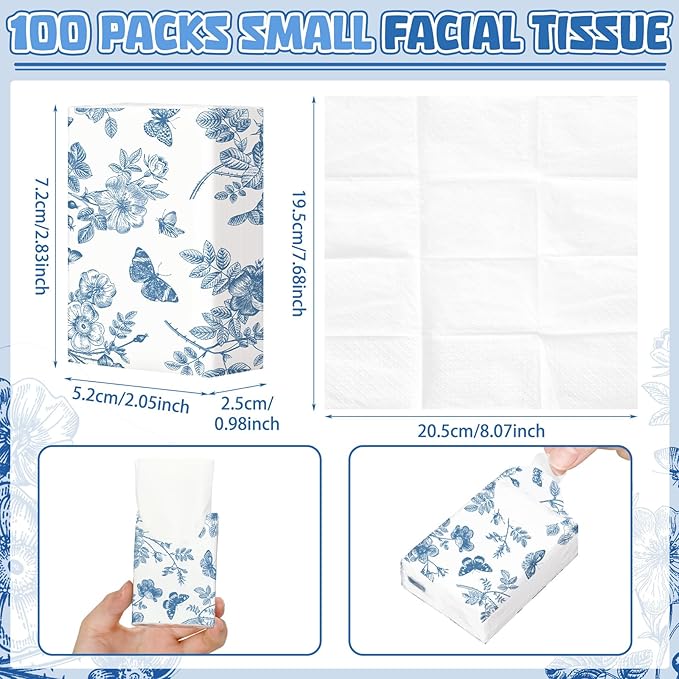 Therwen 100 Pack Pocket Tissues Travel Packs Bulk 1000 Sheet Mini Tissues Bulk 3 Ply Small Travel Size Paper Individual Pocket Size (Butterfly)