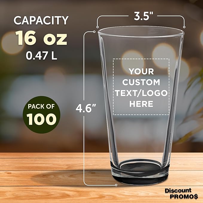 Custom Casale Pint Glass 16 oz. Set of 100, Personalized Bulk Pack - Beer Glasses, Heavy Duty Drinkware - Black