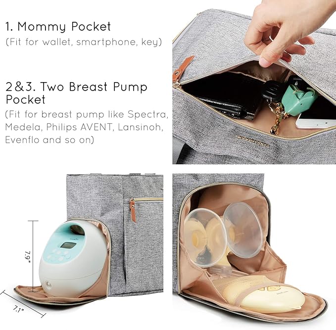 mommore Breast Pump Bag Diaper Tote Bag with 15 Inch Laptop Sleeve Fit Most Breast Pumps Like Medela, Spectra S1,S2, Evenflo