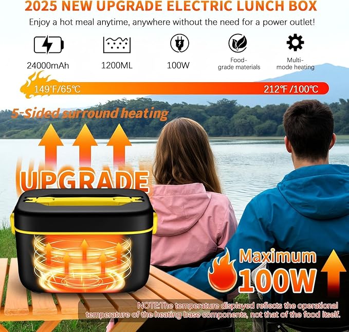 Cordless Electric Lunch Box,24000mAh Heated Lunch Box Battery Powered with Automatic Heating, 5Cups Portable Food Warmer,Multi-Mode Automatic Heating with an Insulated Bag and Utensils