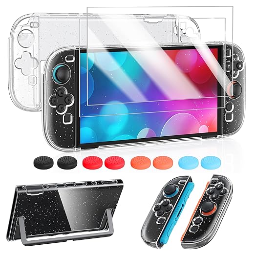FYOUNG Transparent Glitter Protective Case for Nintendo Switch 2(2025), Slim Hard Shell for Switch 2 Accessories, Scratch&Shock Protection Cover with Screen Protector, 8 Thumb Grip