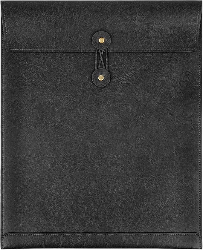 Black PU Leather File Folder for Documents,Important Document Folder with String Tie,Laptop Sleeve Notebook Case,Leather File Organizer, A4 Envelopes Filing Folder