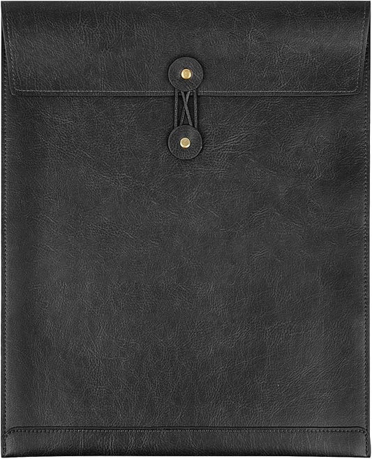 Black PU Leather File Folder for Documents,Important Document Folder with String Tie,Laptop Sleeve Notebook Case,Leather File Organizer, A4 Envelopes Filing Folder