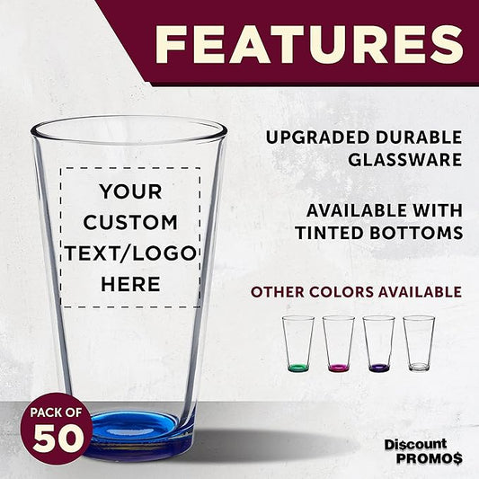 Custom Arc Pint Glass 16 oz. Set of 50, Personalized Bulk Pack - Beer Glasses, Heavy Duty Drinkware - Blue