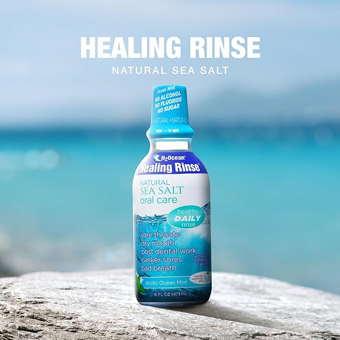 H2Ocean Healing Rinse Natural Sea Salt Oral Care - Mouth Rinse for Oral Care - Great for Piercings, Sore Throats & Gum Health - Alcohol- & Fluoride-Free Mouthwash - Arctic Ocean Mint, 16 oz