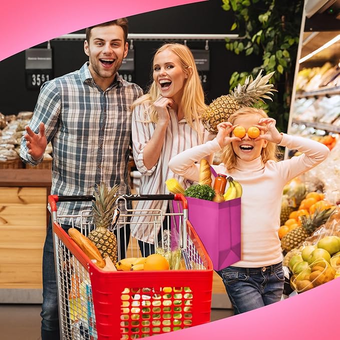 Reginary Reusable Totes Bags - 100 Pcs Non Woven Grocery Handle Bags for Shop Events & Retail Store (Rose Pink)