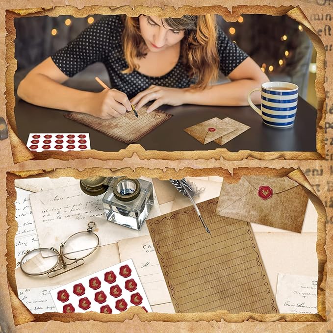 TaoBary 160 Pcs Stationery Paper Set 50 Double Sided Stationery Papers with 50 Matching Envelopes and 60 Round Dot Sticker, 10 Design(Vintage Antique,5.5 x 8.25 Inch)