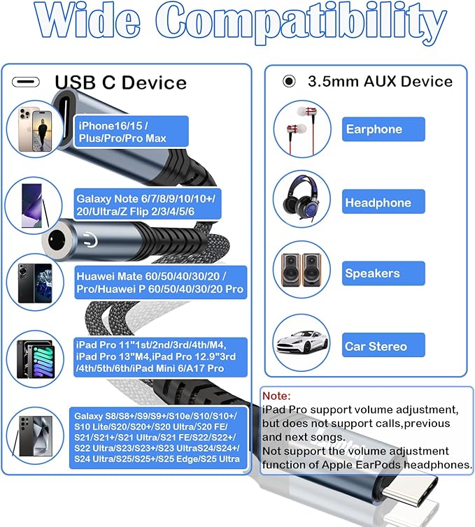 USB C to Headphone Jack Adapter and Charger,2 in 1 USB C to 3.5mm Audio Adapter with PD 60W Fast Charging Dongle Cable Cord for iPhone16/15 Pro Max,Samsung GalaxyS25-S21,Google Pixel8/7,iPad Pro