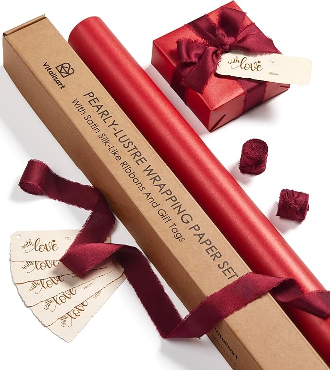 Vitalizart Red Wrapping Paper Set 30" Pearly-Lustre With Silk Like Satin Ribbon & Gift Tags Recyclable Eco-Friendly Christmas Gift Wrapping Birthday Baby Shower Wedding Handmade Crafts 197"(16.4 Ft)