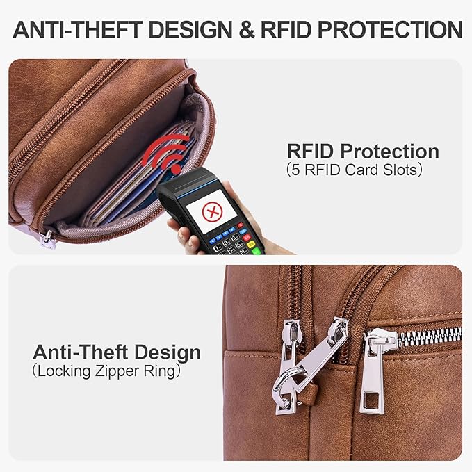 Anti Theft Crossbody Bags for Women Travel Chest Sling Bag Leather RFID Purse Fanny Pack Brown