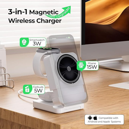 【2025 Upgraded】 Wireless Charger 3 in 1, Foldable Wireless Charging Station, Travel Magnetic Charger Stand, Nightstand 15W Charging Station for iPhone 16 Samsung S25 Samsung Watch TWS Earphone iWatch