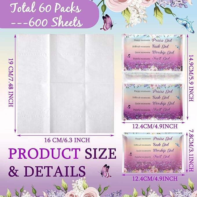 Sinmoe 60 Pack Pocket Tissues Travel Packs Christian Travel Tissues 3 Ply Pocket Size for Guests Mini Wallet Facial Napkin for Breast Cancer Wedding Xmas Graduation(Butterfly)