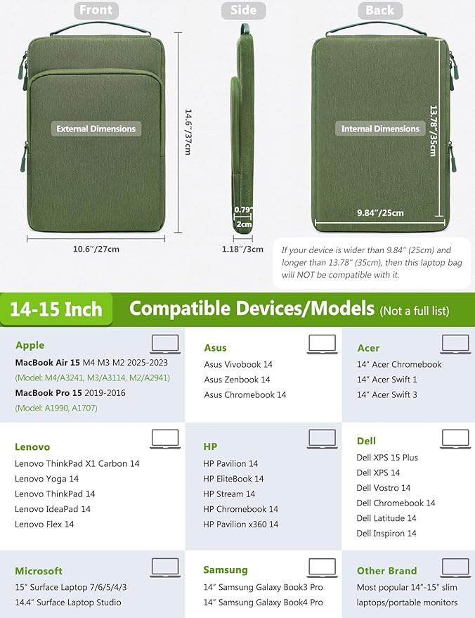 HYZUO 14-15 Inch Laptop Bag Sleeve for MacBook Air 15 M4 M3 M2, MacBook Pro 15, XPS 14/15 Plus, 15" Surface Laptop, Notebook Case for 14" Dell HP Lenovo ThinkPad Asus Acer Huawei, Grass Green