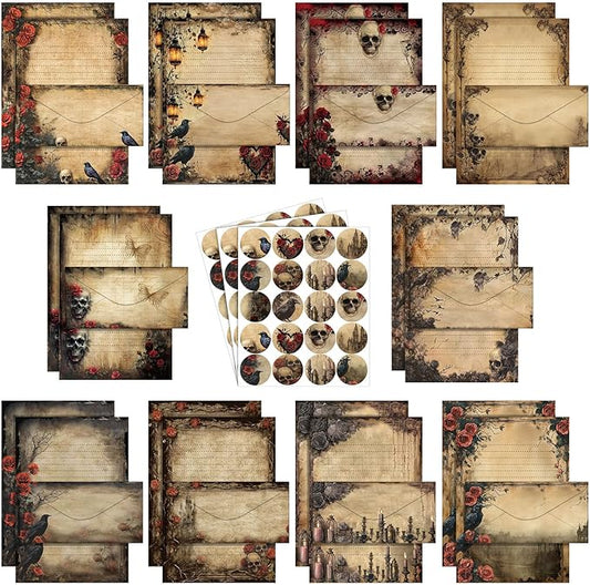 TaoBary 160 Pcs Stationery Paper Set 50 Double Sided Stationery Papers with 50 Matching Envelopes and 60 Round Dot Sticker, 10 Design(Gothic Style,8.5 x 11 Inch)