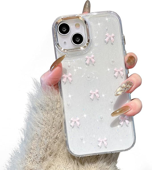 EYZUTAK Case for iPhone 15 Plus, Bling Glitter 3D Bowknot Phone Case Cute Sparkly Crystal Clear Bow Aesthetic Design Case Slim Soft Durable TPU Transparent Protective Cover for Women Girl - Pink Bow