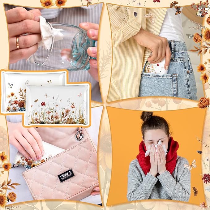 50 Pack Fall Wildflower Pocket Tissues Individual Packs Autumn Floral Pocket Facial Bulk 3 Ply Wallet Travel Toilet Tissues for Summer Thanksgiving Day Wedding Birthday Party Supplies