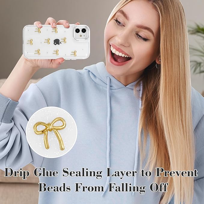EYZUTAK Case for iPhone 12/iPhone 12 Pro, Bling Glitter 3D Bowknot Phone Case Cute Sparkly Crystal Clear Bow Aesthetic Case Slim Soft Durable TPU Transparent Protective Cover for Women Girls- Gold Bow