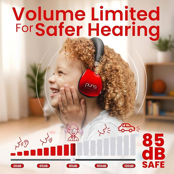 Puro Sound Labs PuroQuiet Plus Kids Noise Cancelling Headphones, Bluetooth Kids On Ear Headphones with Mic, Lightweight On-Ear Design, Studio-Grade Sound (Red)
