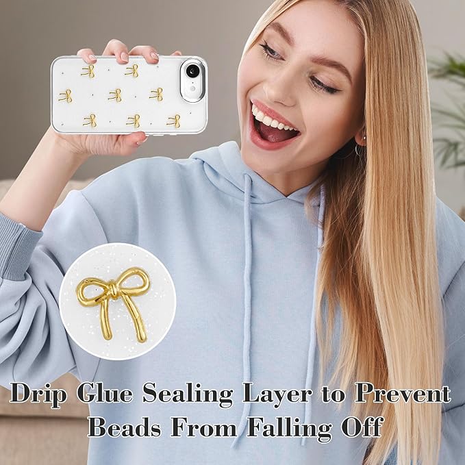 EYZUTAK Case for iPhone 16e, Bling Glitter 3D Bowknot Phone Case Cute Sparkly Crystal Clear Bow Aesthetic Design Cover Slim Soft Durable TPU Transparent Protective Cover for Women Girls - Gold Bow